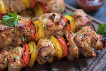 Grilled pork kebab with red and yellow pepper