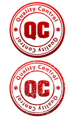 Pair of red rubber stamps in grunge and solid style with caption Quality Control and abbreviation QC