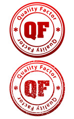Pair of red rubber stamps in grunge and solid style with caption Quality Factor and abbreviation QF