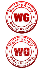 Pair of red rubber stamps in grunge and solid style with caption Working Group and abbreviation WG