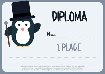 Flat template of diploma decorated with penguin stylized as a gentleman.