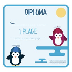 Flat template of diploma decorated with penguins stylized as a children with propeller hat.