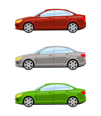 Fototapeta na wymiar Set of cars side view different colors. Sedan car icon detailed. Vector illustration.