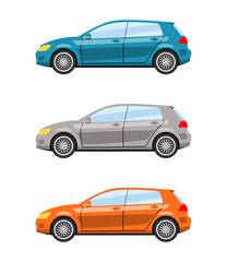 Set of cars side view different colors. Hatchback car icon detailed. Vector illustration.