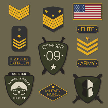 Military army badge set typography. T shirt graphics. Army patch, chevron, pin