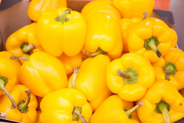 Yellow pepper background lots of sweet yellow peppers on a pile on store shelves selling sweet yellow peppers top view
