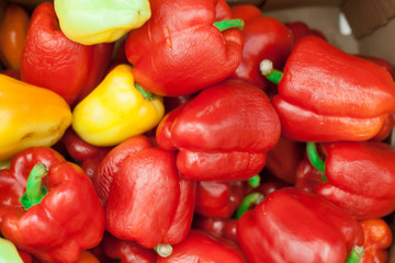 colorful bell peppers, natural background Sweet pepper on shop window for sale on the market top view