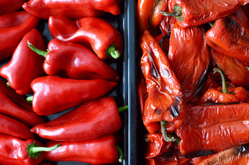 Fresh red peppers and roasted red peppers