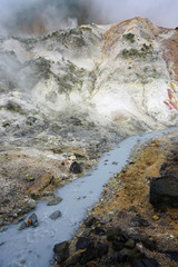 Active geothermic fumes in the onsen hot springs resort of Noboribetsu in the Shikotsu-Toya National Park in Hokkaido, Japan