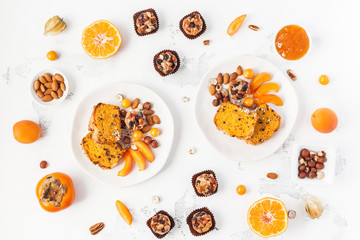 Table served for thanksgiving dinner. Autumn food. Flat lay, top view