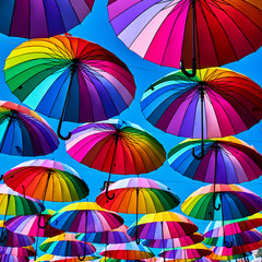 Multi-colored umbrellas background. Street decoration in Sochi, Adler, Russia