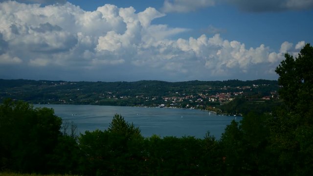Aerial view of theViverone lake . Timelapse with zooming in motion, Northern Italian: piedmont.