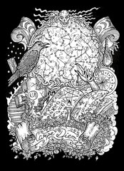White mystic illustration with warlock hand, grave cross and spiritual symbols on black background