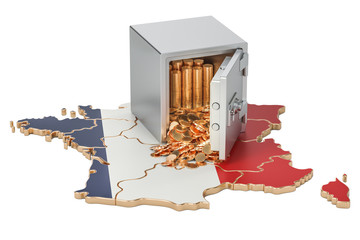 Safe box with golden coins on the map of France, 3D rendering