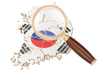 Fototapeta na wymiar South Korea under magnifying glass, analysis concept, 3D rendering