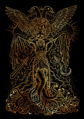 Mystic illustration with evil goddess or female demon with tentacles, skull and mystic spiritual symbols on black background