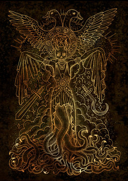 Mystic illustration with evil goddess or female demon with tentacles, skull and mystic spiritual symbols on texture background