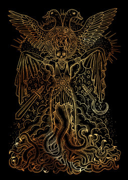 Mystic illustration with evil goddess or female demon with tentacles, skull and mystic spiritual symbols on black background