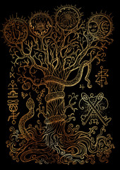 Mystic illustration with spiritual and christian religious symbols as snake, tree of knowledge and forbidden fruit on black background © samiramay