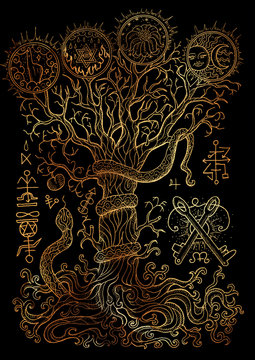 Mystic illustration with spiritual and christian religious symbols as snake, tree of knowledge and forbidden fruit on black background