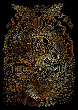 Mystic illustration with spiritual and christian religious symbols as Devil, Eve and Adam, hell and paradise on black background