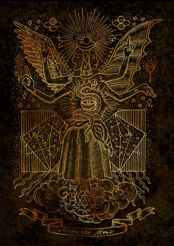 Mystic illustration of spiritual symbols, goddess of wisdom and constellations on texture background