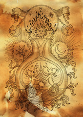Fototapeta na wymiar Mystic illustration with spiritual and alchemical symbols, zodiac sign Gemini concept with moon, sun and stars on old paper background