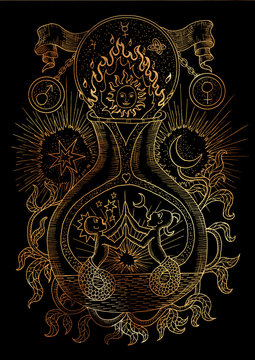 Mystic illustration with spiritual and alchemical symbols, zodiac sign Gemini concept with moon, sun and stars on black background