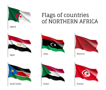 Northern Africa waving flag set, unique symbol for a country, identity and heritage, teaching tool, visually stimulating learning atmosphere. Illustration on white background