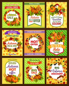 Autumn sale retro poster set with fall season leaf