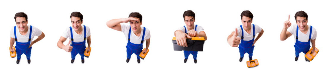 The funny repairman with tools isolated on white