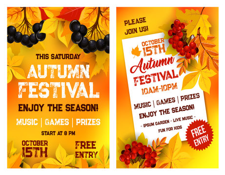 Autumn festival vector poster of leaf fall