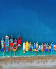 Gartenposter Luftaufnahme Strand Boote. Luftaufnahme von bunten Booten im Mittelmeer in Ölüdeniz, Türkei. Schöne sommerliche Meereslandschaft mit Schiffen, klarem azurblauem Wasser und Sandstrand an sonnigen Tagen.Draufsicht auf Yachten von fliegender Drohne