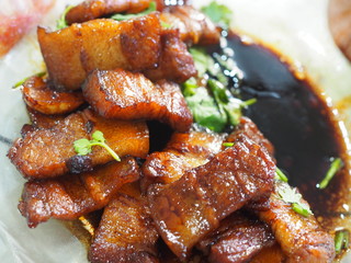 Boiled pork belly piece stewed with black soy sauce, Chinese dish