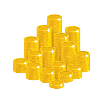 Gold coins mountain cartoon styl isolated. The mountain of shiny gold coins for designers and illustrators. The pile of gold pieces in the form of a vector illustration