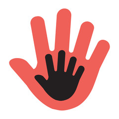 Obraz premium Hand of a child in an adult hand, red and black illustration. Vector