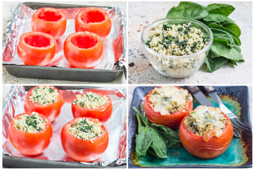 Collage with process of preparation baked tomato stuffed with quinoa and spinach topped with melted cheese, horizontal