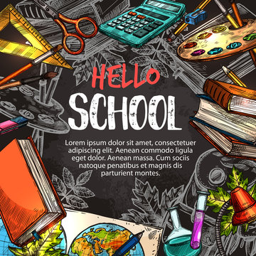 Hello school poster with education supplies frame