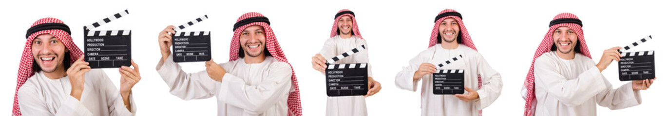 Arab man with movie clapper on white