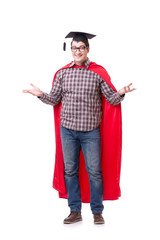 Super hero student graduating wearing mortar board cap isolated 