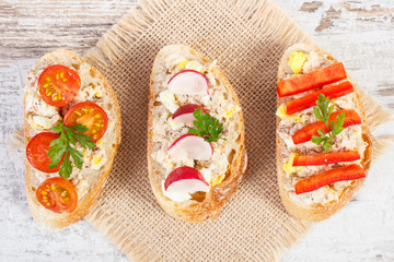 Sandwiches with mackerel or tuna fish paste, healthy nutrition