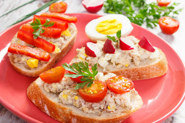 Mackerel or tuna fish paste sandwiches or baguette on glass plate