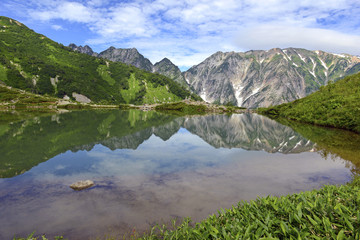 Alpine landscape of Japan Alps in Chubu Sangaku National Park, a day’s train ride from Tokyo and popular place for skiing and snowboarding in winter and hiking and climbing in summer.