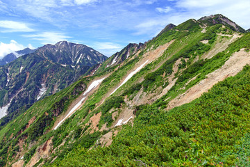 Fototapeta na wymiar Alpine landscape of Japan Alps in Chubu Sangaku National Park, a day’s train ride from Tokyo and popular place for skiing and snowboarding in winter and hiking and climbing in summer.
