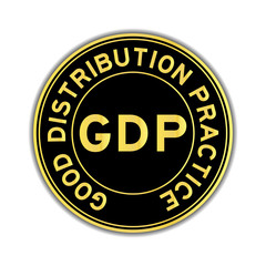 Black and gold color of GDP (Good distribution practice) round sticker on white background