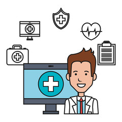 doctor with computer medical technology design vector illustration