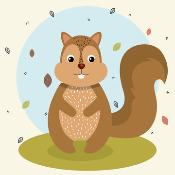 cartoon squirrel wild animal with falling leaves landscape nature vector illustration