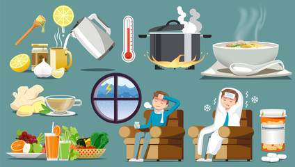 Treatment of the common cold. Take care together. Food for body restoration. stop working. Rest to recover.