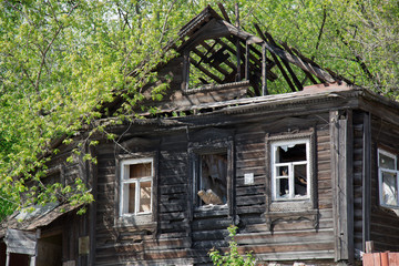 Abandon traditional russian village wood house facade 
