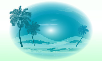 Fototapeta na wymiar Tropical island with silhouette palm trees watercolor style, vector illustration